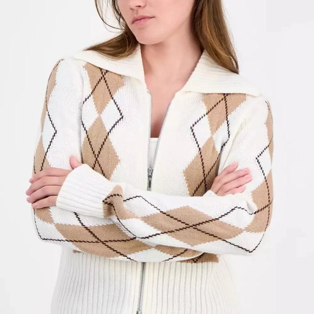 Ultra Flirt Preppy Cardigan Sweater in Taupe Plaid Size Small